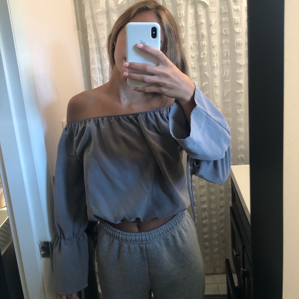 grey off the shoulder top